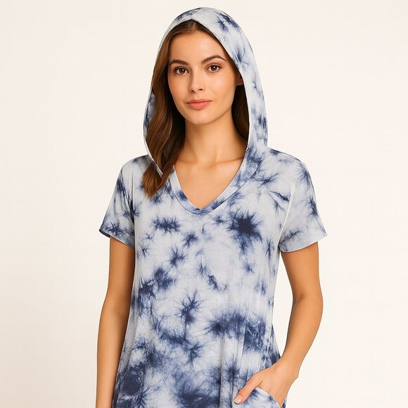 XCVI Blue White Tie Dye Short Sleeve Hooded Cotton Linen Dress Size M - Picture 12 of 13